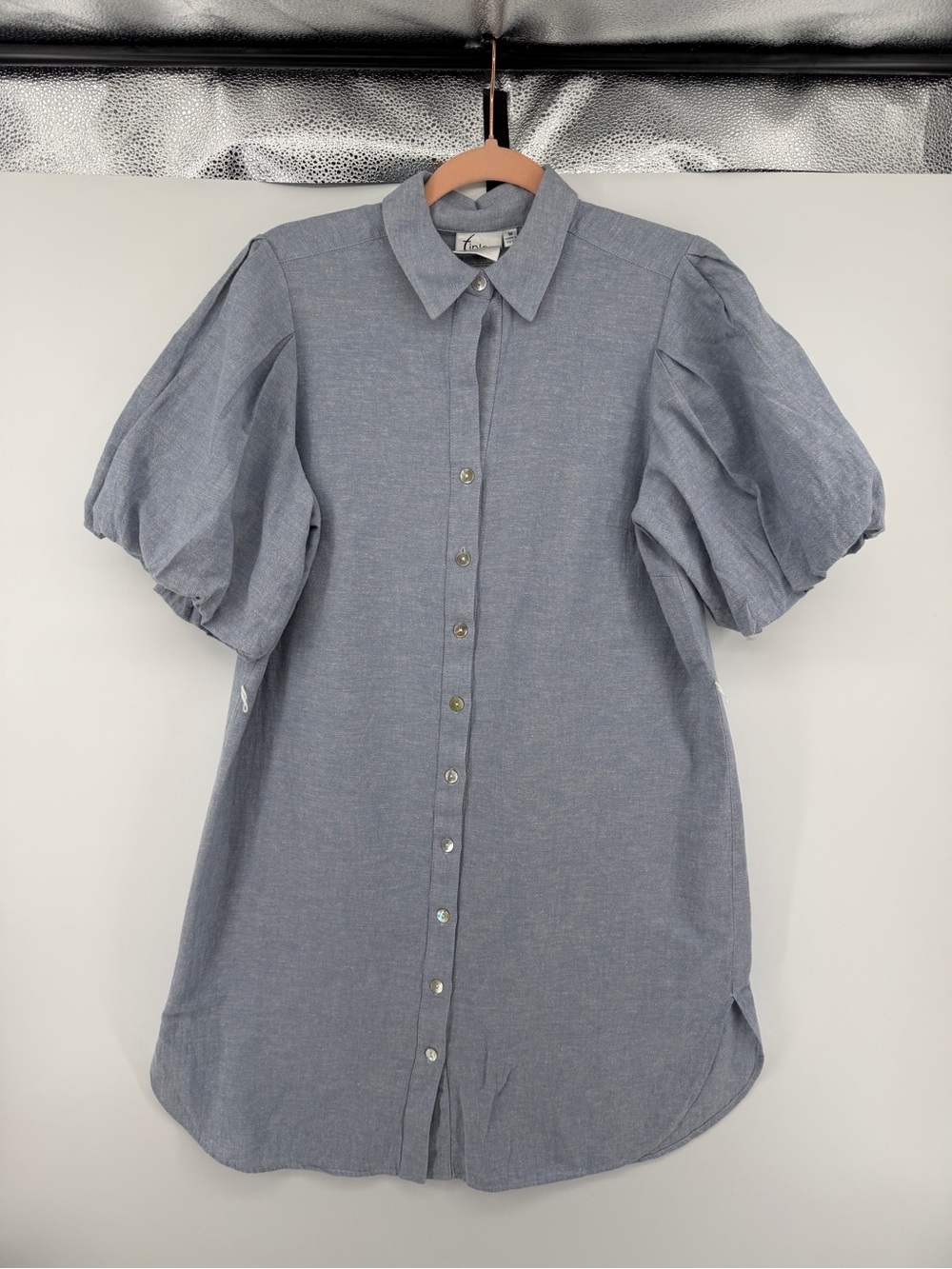 Finley CoastalGrandma Cottagecore OldMoney Blue Puff-Sleeve Mini ShirtDress SzM